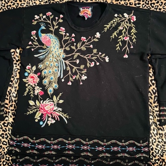Johnny Was Los Angles- peacock embroidered black long sleeved top - Picture 1 of 8